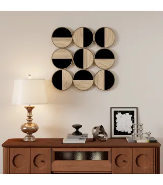Cuadro Decorativo de Pared Geométrico Adorno Moderno 3D de 60x60 cm con Espejo de Plástico Negro y Madera Natural