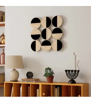 Cuadro Decorativo de Pared Geométrico Adorno Moderno 3D de 60x60 cm con Espejo de Plástico Negro y Madera Natural