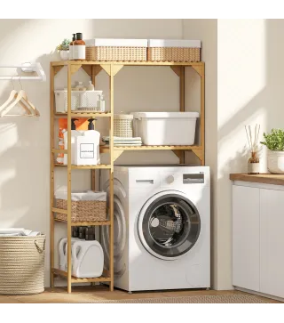 Estantería para Lavadora de Bambú Mueble para Lavadora o Inodoro con Estantes Reversibles y Ajustables Madera Natural