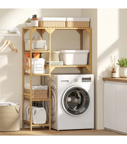 Estantería para Lavadora de Bambú Mueble para Lavadora o Inodoro con Estantes Reversibles y Ajustables Madera Natural