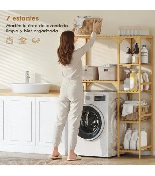 Estantería para Lavadora de Bambú Mueble para Lavadora o Inodoro con Estantes Reversibles y Ajustables Madera Natural
