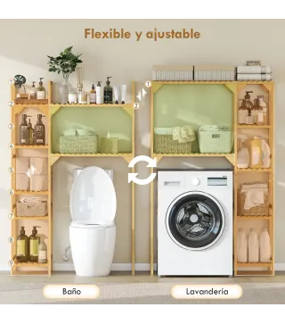 Estantería para Lavadora de Bambú Mueble para Lavadora o Inodoro con Estantes Reversibles y Ajustables Madera Natural