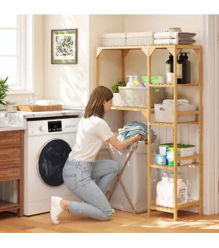 Estantería para Lavadora de Bambú Mueble para Lavadora o Inodoro con Estantes Reversibles y Ajustables Madera Natural