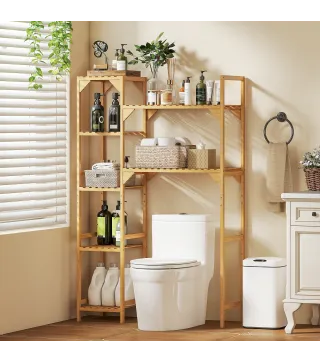 Estantería para Lavadora de Bambú Mueble para Lavadora o Inodoro con Estantes Reversibles y Ajustables Madera Natural