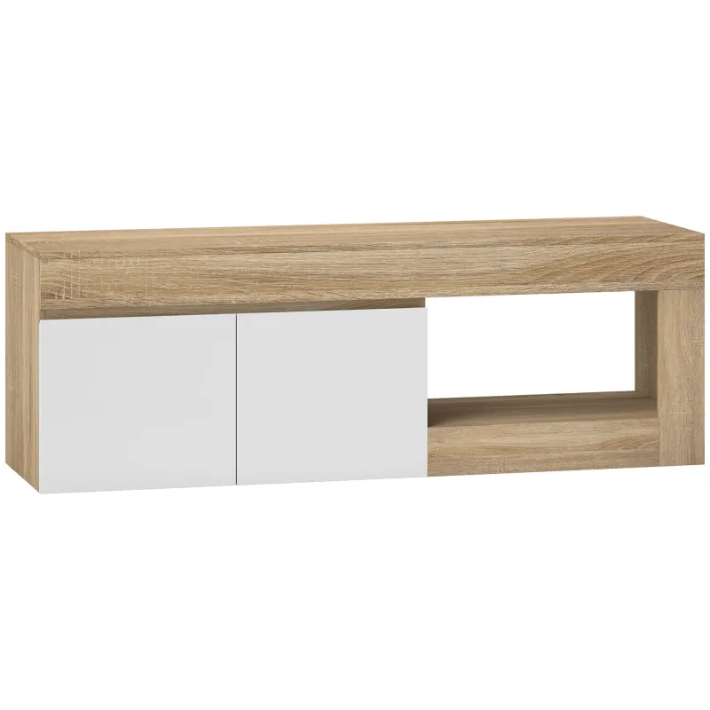Mueble de TV Moderno para Salón con 2 Puertas Estante Abierto para Televisión 60 Pulgadas 140x40x48 cm Blanco y Natural