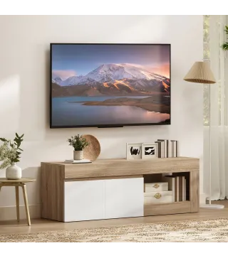 Mueble de TV Moderno para Salón con 2 Puertas Estante Abierto para Televisión 60 Pulgadas 140x40x48 cm Blanco y Natural