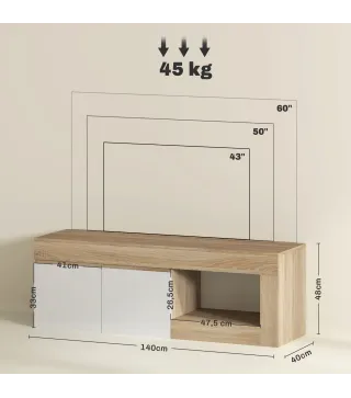 Mueble de TV Moderno para Salón con 2 Puertas Estante Abierto para Televisión 60 Pulgadas 140x40x48 cm Blanco y Natural