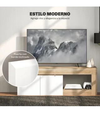 Mueble de TV Moderno para Salón con 2 Puertas Estante Abierto para Televisión 60 Pulgadas 140x40x48 cm Blanco y Natural