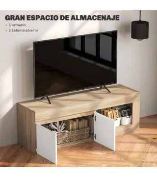 Mueble de TV Moderno para Salón con 2 Puertas Estante Abierto para Televisión 60 Pulgadas 140x40x48 cm Blanco y Natural