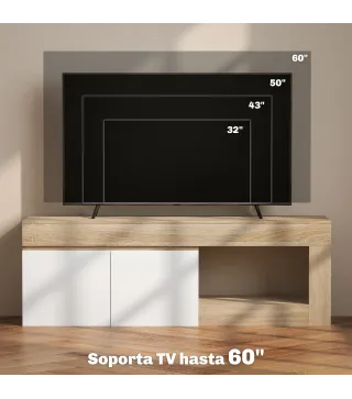 Mueble de TV Moderno para Salón con 2 Puertas Estante Abierto para Televisión 60 Pulgadas 140x40x48 cm Blanco y Natural