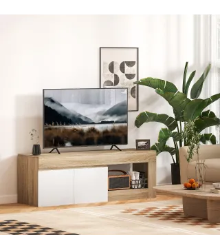 Mueble de TV Moderno para Salón con 2 Puertas Estante Abierto para Televisión 60 Pulgadas 140x40x48 cm Blanco y Natural