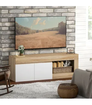 Mueble de TV Moderno para Salón con 2 Puertas Estante Abierto para Televisión 60 Pulgadas 140x40x48 cm Blanco y Natural