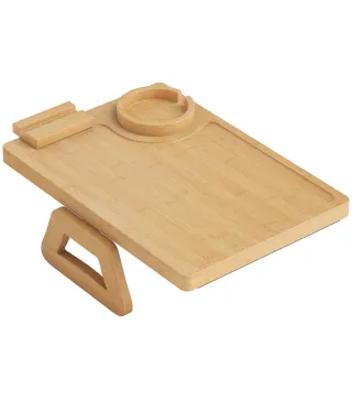 Bandeja de Brazo para Sofá de Bambú Plegable y Flexible con Portavasos Extraíble y Soporte Giratorio para Teléfono