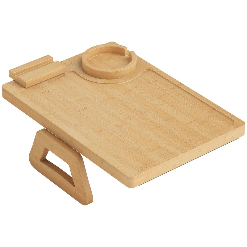 Bandeja de Brazo para Sofá de Bambú Plegable y Flexible con Portavasos Extraíble y Soporte Giratorio para Teléfono