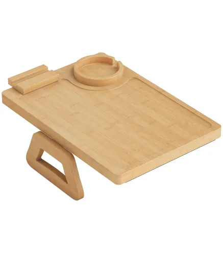 Bandeja de Brazo para Sofá de Bambú Plegable y Flexible con Portavasos Extraíble y Soporte Giratorio para Teléfono