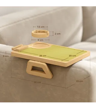 Bandeja de Brazo para Sofá de Bambú Plegable y Flexible con Portavasos Extraíble y Soporte Giratorio para Teléfono