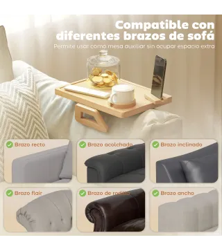 Bandeja de Brazo para Sofá de Bambú Plegable y Flexible con Portavasos Extraíble y Soporte Giratorio para Teléfono