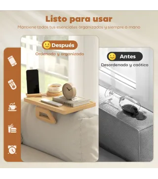 Bandeja de Brazo para Sofá de Bambú Plegable y Flexible con Portavasos Extraíble y Soporte Giratorio para Teléfono