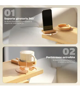 Bandeja de Brazo para Sofá de Bambú Plegable y Flexible con Portavasos Extraíble y Soporte Giratorio para Teléfono
