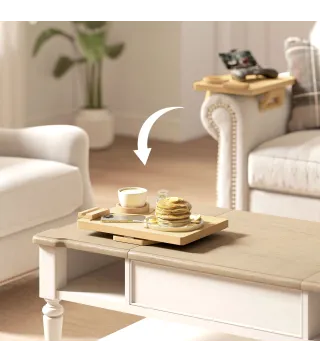 Bandeja de Brazo para Sofá de Bambú Plegable y Flexible con Portavasos Extraíble y Soporte Giratorio para Teléfono