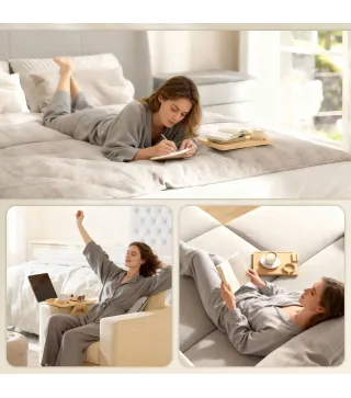 Bandeja de Brazo para Sofá de Bambú Plegable y Flexible con Portavasos Extraíble y Soporte Giratorio para Teléfono