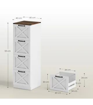 Cajonera Escritorio con 4 Cajones Soporte para Impresora con Riel Colgante para A4 y Carta 40x40x131 cm Blanco