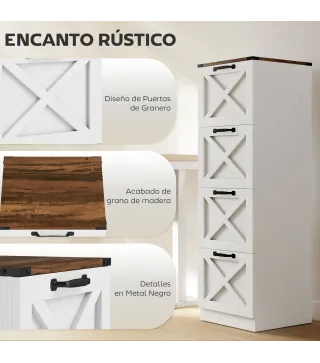Cajonera Escritorio con 4 Cajones Soporte para Impresora con Riel Colgante para A4 y Carta 40x40x131 cm Blanco
