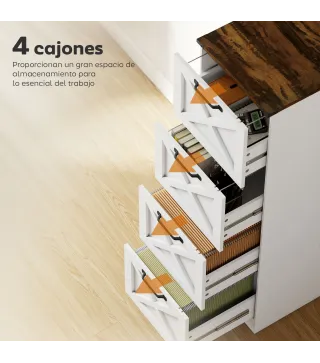 Cajonera Escritorio con 4 Cajones Soporte para Impresora con Riel Colgante para A4 y Carta 40x40x131 cm Blanco