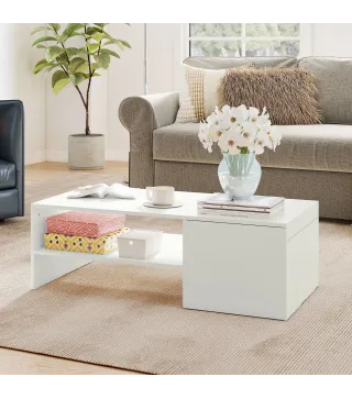 Mesa de Centro con Tablero Deslizante Moderna con Compartimento Oculto Estante Abierto 110x52x36 cm Blanco