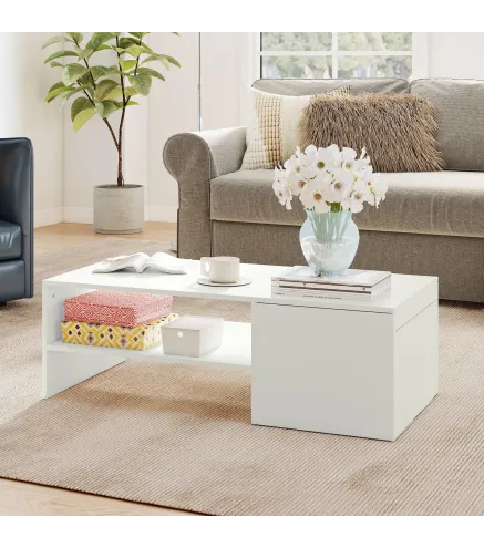 Mesa de Centro con Tablero Deslizante Moderna con Compartimento Oculto Estante Abierto 110x52x36 cm Blanco