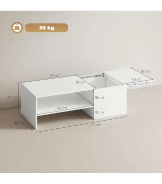Mesa de Centro con Tablero Deslizante Moderna con Compartimento Oculto Estante Abierto 110x52x36 cm Blanco