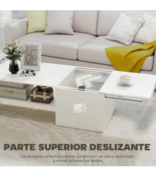 Mesa de Centro con Tablero Deslizante Moderna con Compartimento Oculto Estante Abierto 110x52x36 cm Blanco