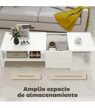 Mesa de Centro con Tablero Deslizante Moderna con Compartimento Oculto Estante Abierto 110x52x36 cm Blanco