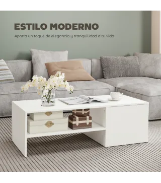 Mesa de Centro con Tablero Deslizante Moderna con Compartimento Oculto Estante Abierto 110x52x36 cm Blanco