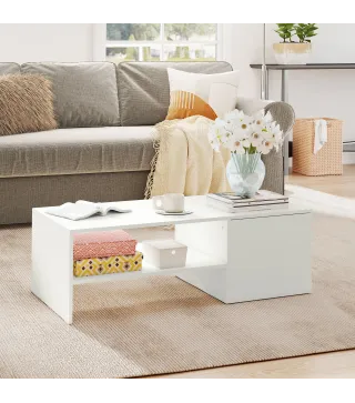 Mesa de Centro con Tablero Deslizante Moderna con Compartimento Oculto Estante Abierto 110x52x36 cm Blanco