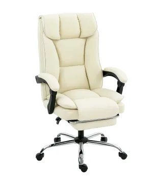 Silla de Escritorio con Reposapiés Respaldo Reclinable Acolchado Grueso Tapizada en Cuero Sintético Beige