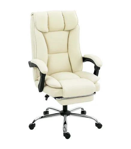 Silla de Escritorio con Reposapiés Respaldo Reclinable Acolchado Grueso Tapizada en Cuero Sintético Beige