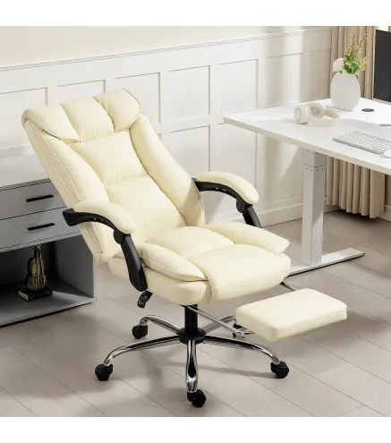 Silla de Escritorio con Reposapiés Respaldo Reclinable Acolchado Grueso Tapizada en Cuero Sintético Beige