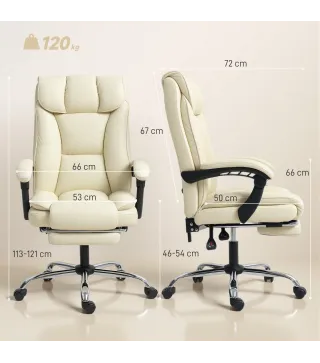 Silla de Escritorio con Reposapiés Respaldo Reclinable Acolchado Grueso Tapizada en Cuero Sintético Beige