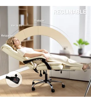Silla de Escritorio con Reposapiés Respaldo Reclinable Acolchado Grueso Tapizada en Cuero Sintético Beige
