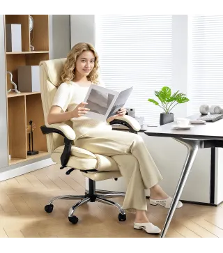 Silla de Escritorio con Reposapiés Respaldo Reclinable Acolchado Grueso Tapizada en Cuero Sintético Beige