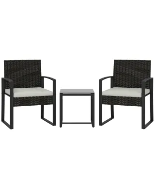 Conjunto de Muebles de Jardín de Ratán Sintético con 2 Sillas con Cojines Extraíbles y Mesa con Tablero de Vidrio Crema