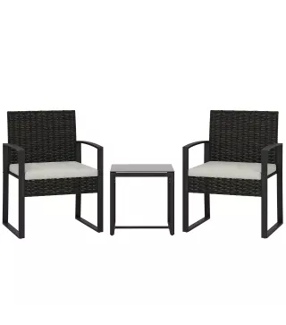 Conjunto de Muebles de Jardín de Ratán Sintético con 2 Sillas con Cojines Extraíbles y Mesa con Tablero de Vidrio Crema