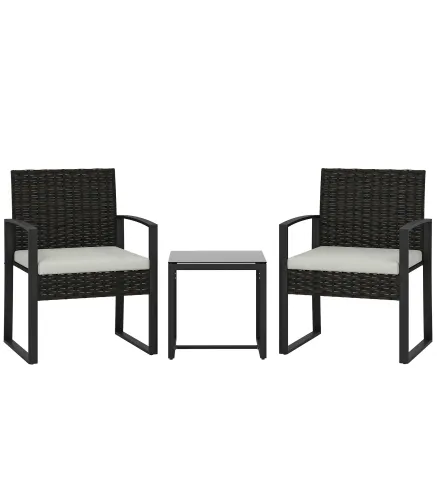 Conjunto de Muebles de Jardín de Ratán Sintético con 2 Sillas con Cojines Extraíbles y Mesa con Tablero de Vidrio Crema