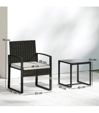 Conjunto de Muebles de Jardín de Ratán Sintético con 2 Sillas con Cojines Extraíbles y Mesa con Tablero de Vidrio Crema