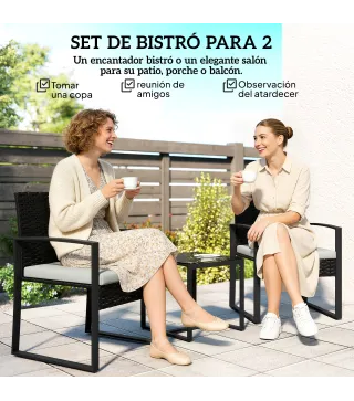 Conjunto de Muebles de Jardín de Ratán Sintético con 2 Sillas con Cojines Extraíbles y Mesa con Tablero de Vidrio Crema
