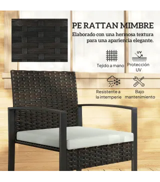 Conjunto de Muebles de Jardín de Ratán Sintético con 2 Sillas con Cojines Extraíbles y Mesa con Tablero de Vidrio Crema