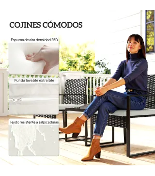 Conjunto de Muebles de Jardín de Ratán Sintético con 2 Sillas con Cojines Extraíbles y Mesa con Tablero de Vidrio Crema