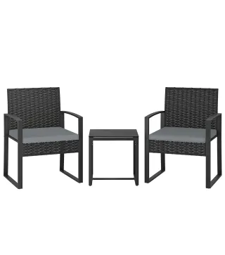 Conjunto de Muebles de Jardín de Ratán Sintético con 2 Sillas con Cojines Extraíbles y Mesa con Tablero de Vidrio Gris
