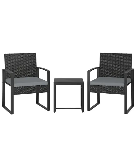 Conjunto de Muebles de Jardín de Ratán Sintético con 2 Sillas con Cojines Extraíbles y Mesa con Tablero de Vidrio Gris